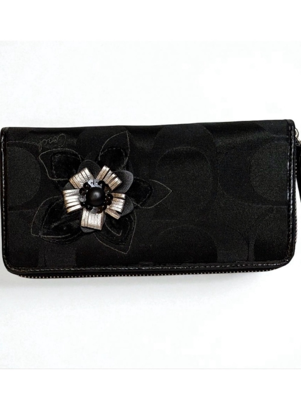 Coach Signature Jacquard Accordion Wallet Metallic Flower Applique Black Canvas